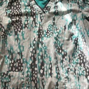 Healing Hands Teal and Gray Patterned Top